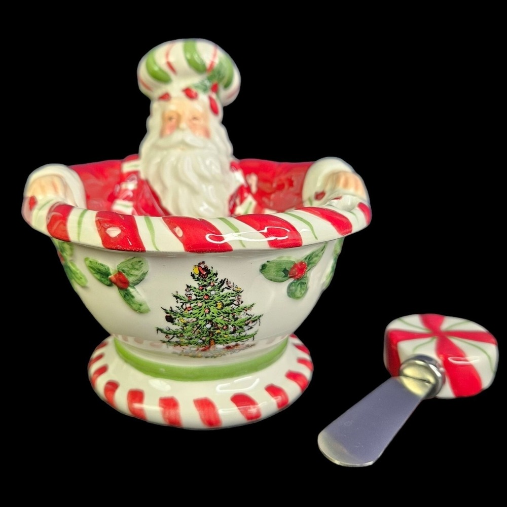Spode Christmas Tree Peppermint Santa Dip Bowl With Spreader in Gift Box READ